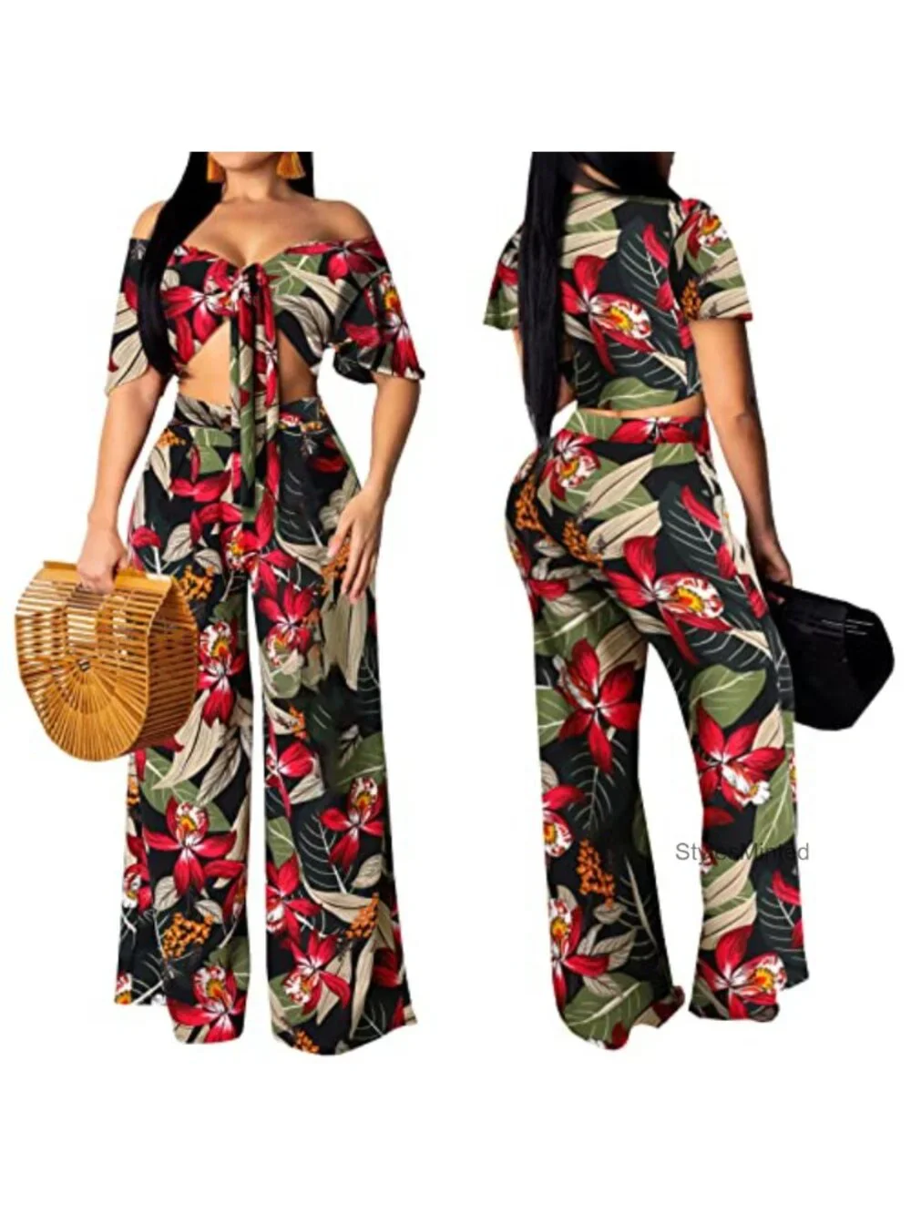 Women's Floral Two-Piece Swimsuit Cover-Up Set V-Neck Sleeveless Jumpsuit